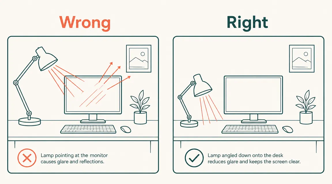 Side-by-side diagram showing a lamp aimed directly at a monitor causing glare versus a lamp aimed at the desk surface eliminating glare