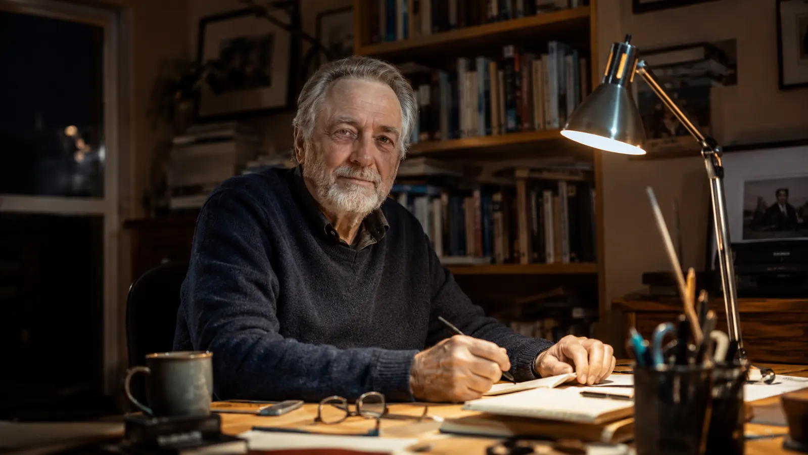 Person sitting at a well-lit home office desk late in the evening, relaxed posture, no visible squinting, warm ambient light from a task lamp
