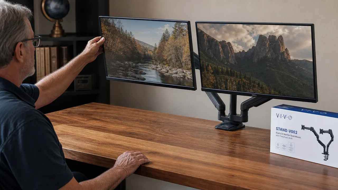 VIVO dual monitor arm clamped to a wooden desk edge, both screens tilted at eye level
