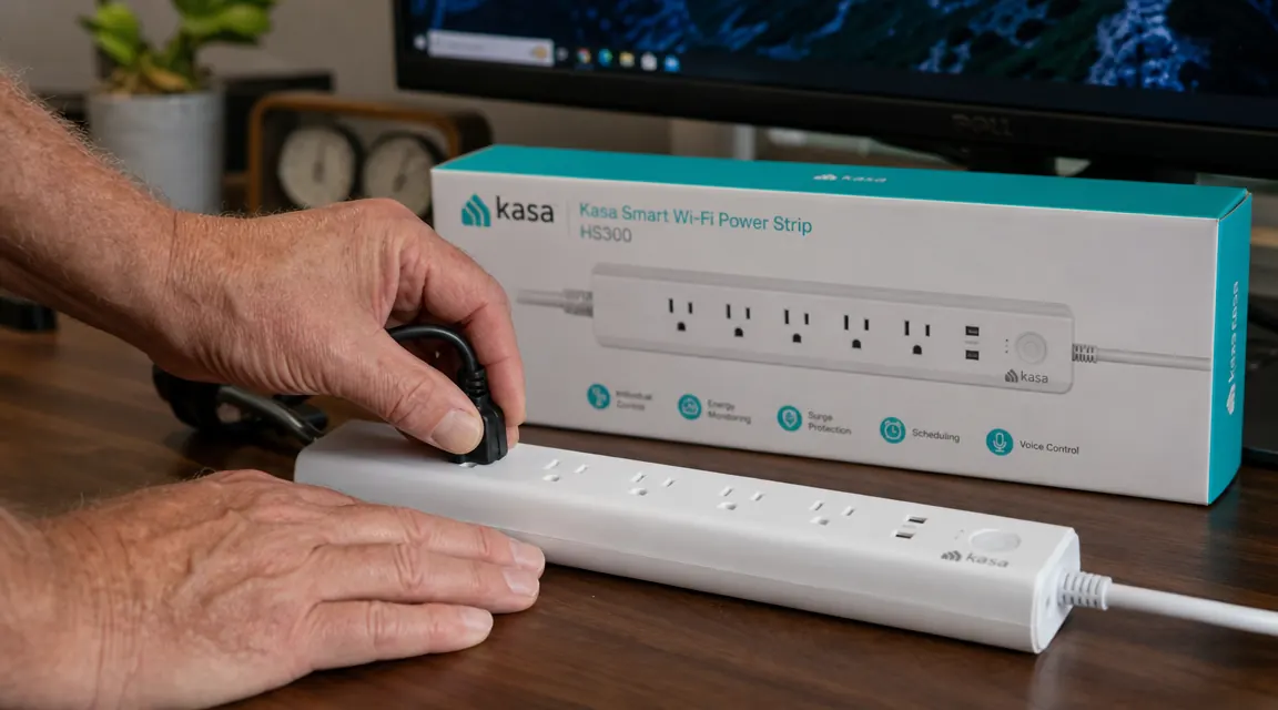 Hand plugging a monitor cord into a Kasa HS300 smart plug strip sitting on a wooden desk surface