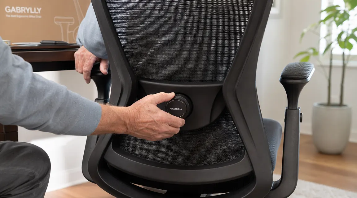 Close-up of a hand adjusting the lumbar support knob on the back panel of a mesh ergonomic office chair