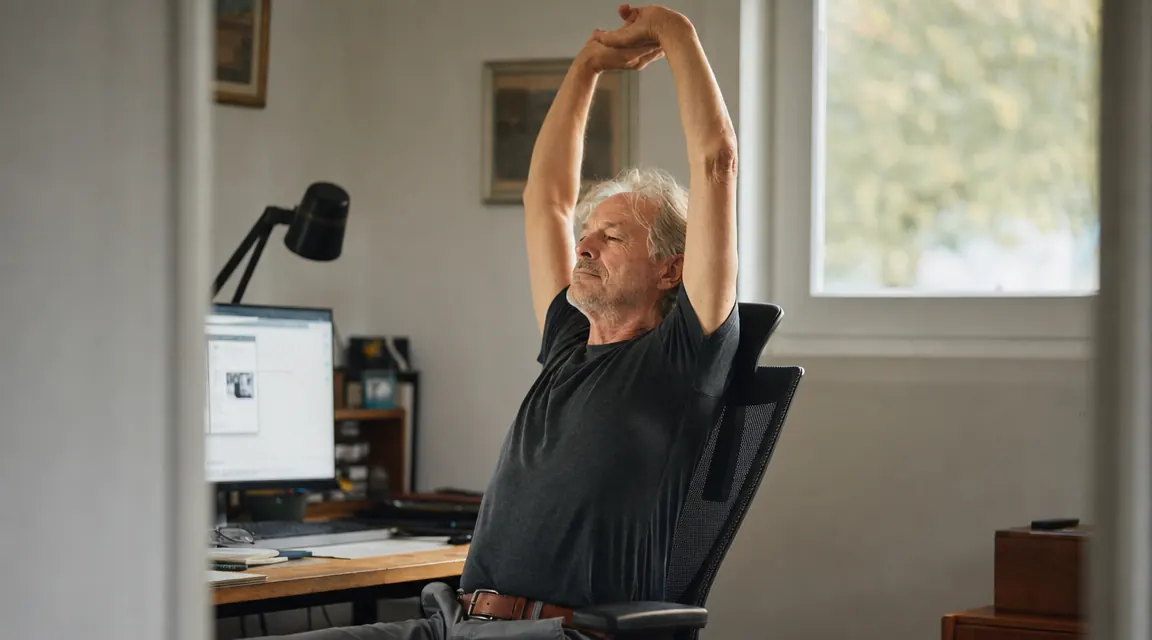 Person standing up from an ergonomic office chair at end of workday, stretching arms, comfortable expression
