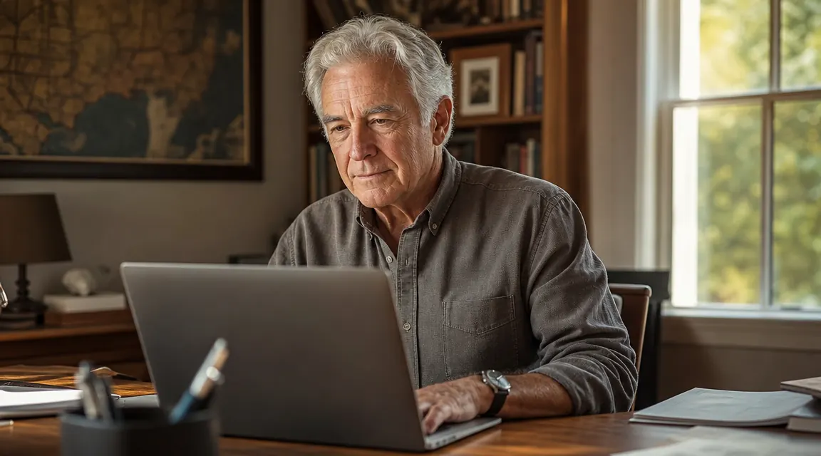 Man sitting comfortably at a home desk late in the afternoon, relaxed posture, working at a laptop