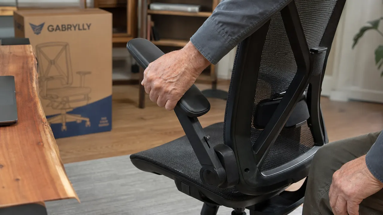 Person flipping up one armrest on the GABRYLLY chair to demonstrate the pivot mechanism