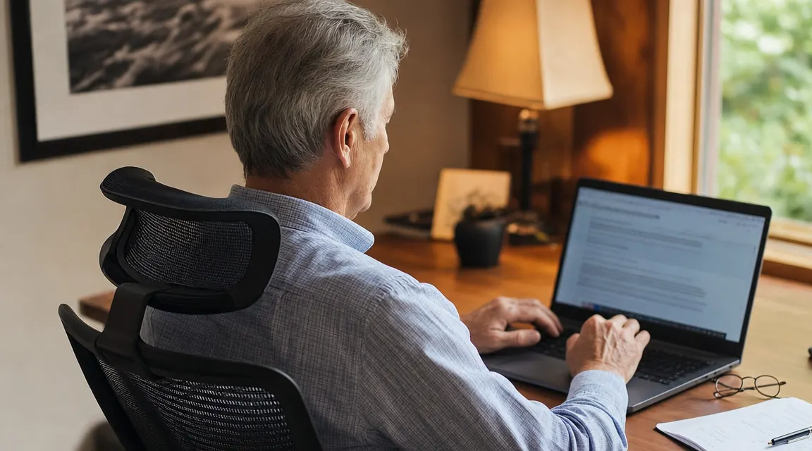 Home office worker sitting in a mesh ergonomic chair, headrest visible but not in contact with neck during upright work posture