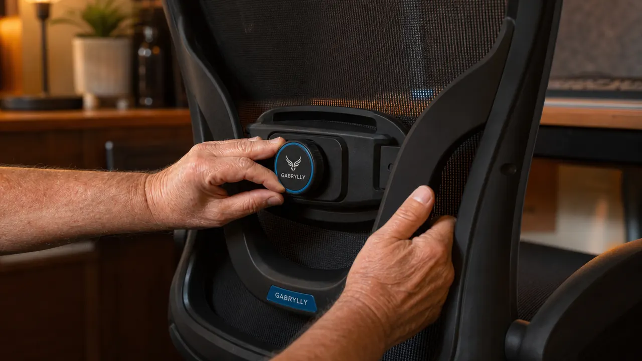 Close-up of the GABRYLLY chair's lumbar support adjustment knob and lower mesh back section