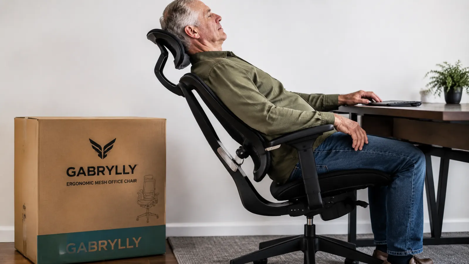 Side view showing the GABRYLLY chair's tilt recline position at roughly 110 degrees