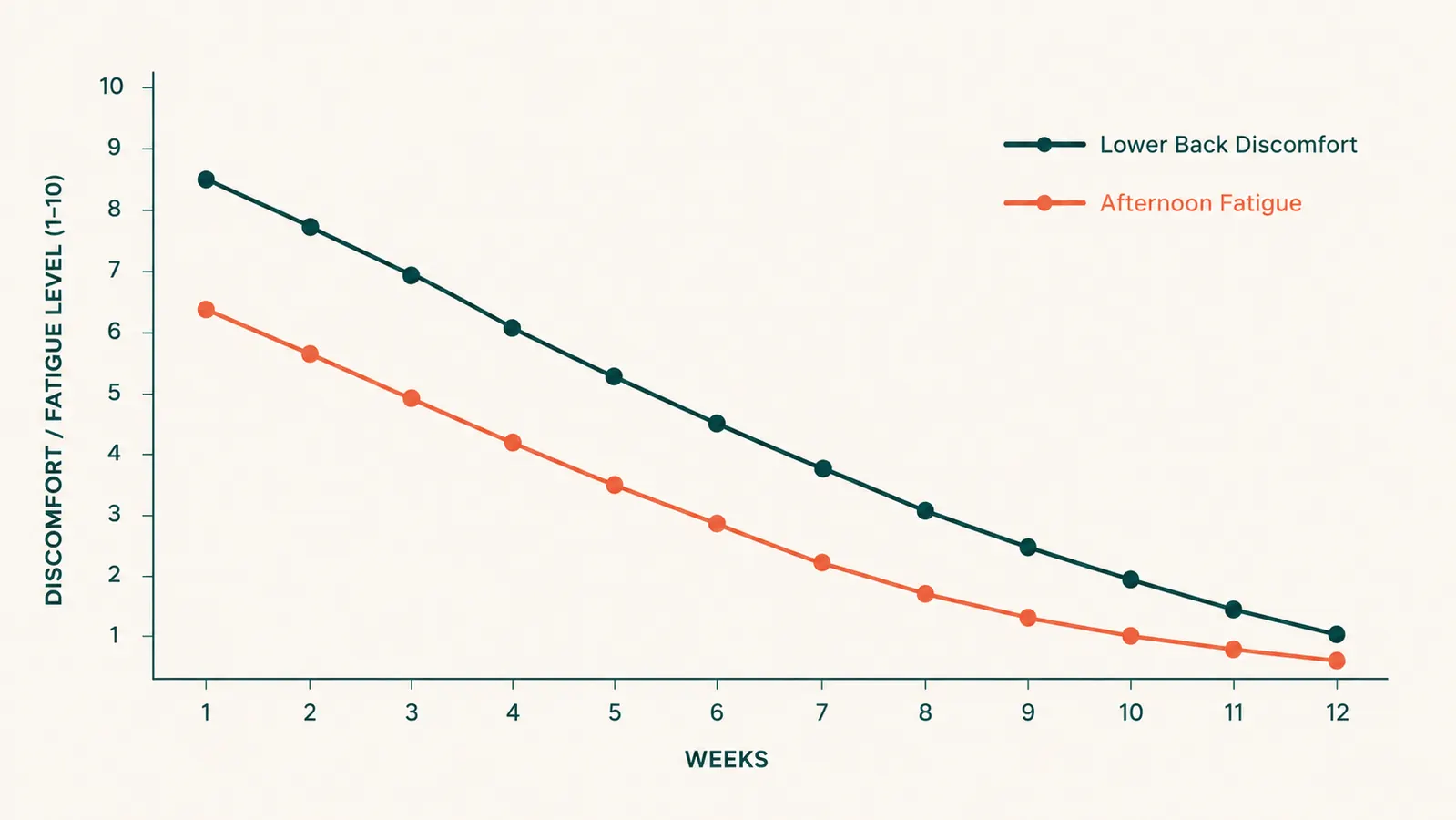 Overhead chart comparing back pain score and afternoon fatigue over 12 weeks of using an ergonomic chair