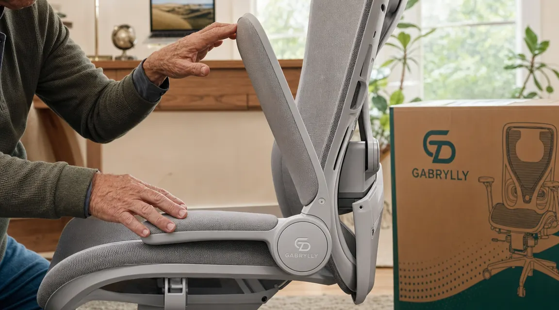 GABRYLLY chair flip-up armrest raised out of the way to get closer to a keyboard tray