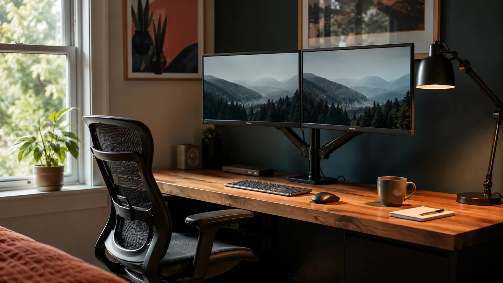 A practical home workstation in warm morning light, calm and grown-up