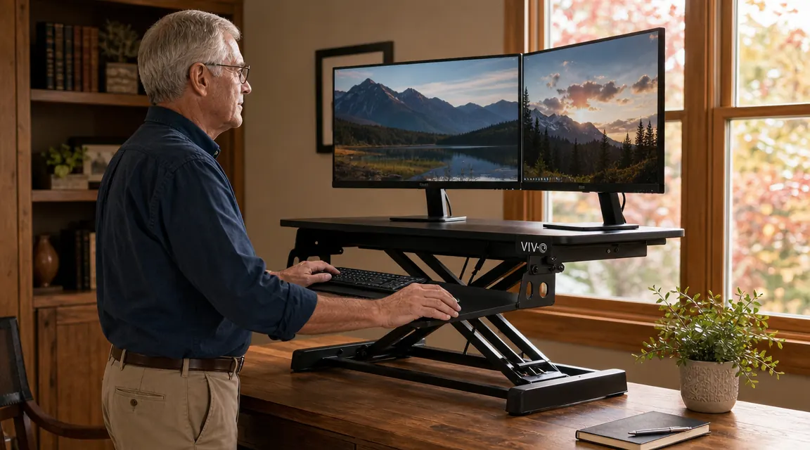 Man's hands adjusting the spring-lift mechanism on a VIVO 42-inch standing desk converter, with a keyboard tray in view