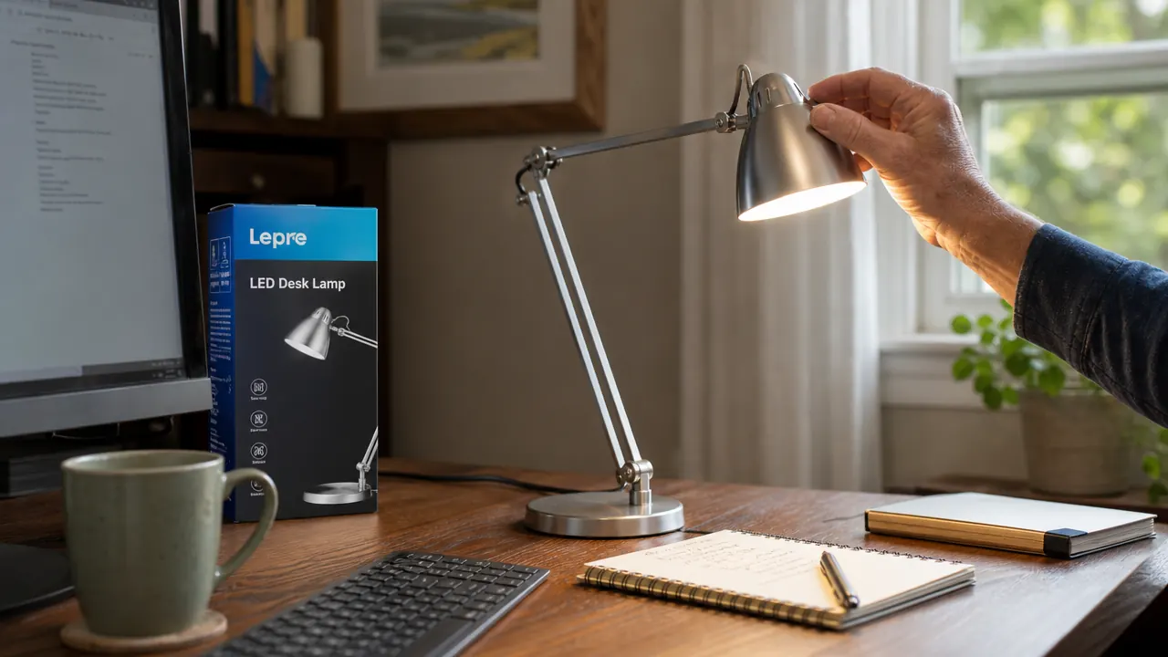 Hand adjusting the articulating arm of a Lepro LED desk lamp on a wooden desk beside a monitor