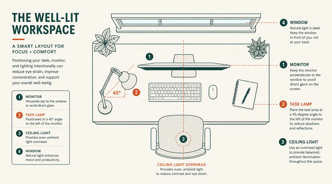 Diagram showing ideal desk-to-window angle and task lamp position relative to monitor