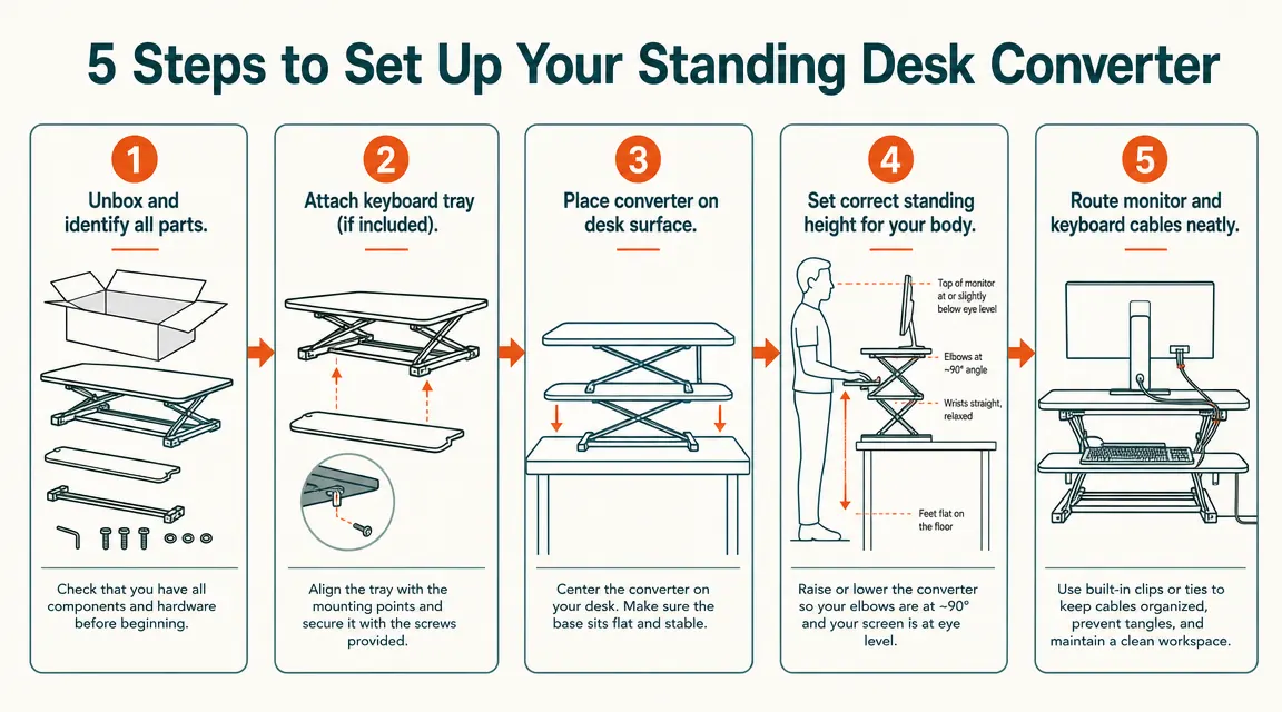 Diagram showing correct monitor height at eye level, keyboard at elbow height, and wrist angle relative to a standing person at a converter