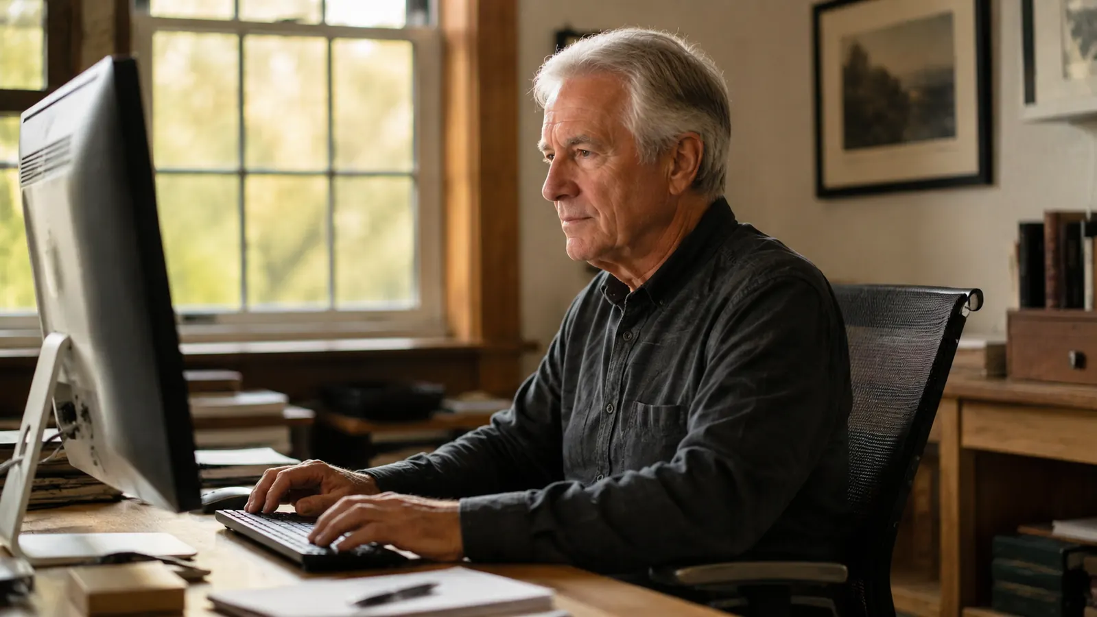 Retired man at a home office desk working at his computer with neatly organized cables visible at the back of the desk