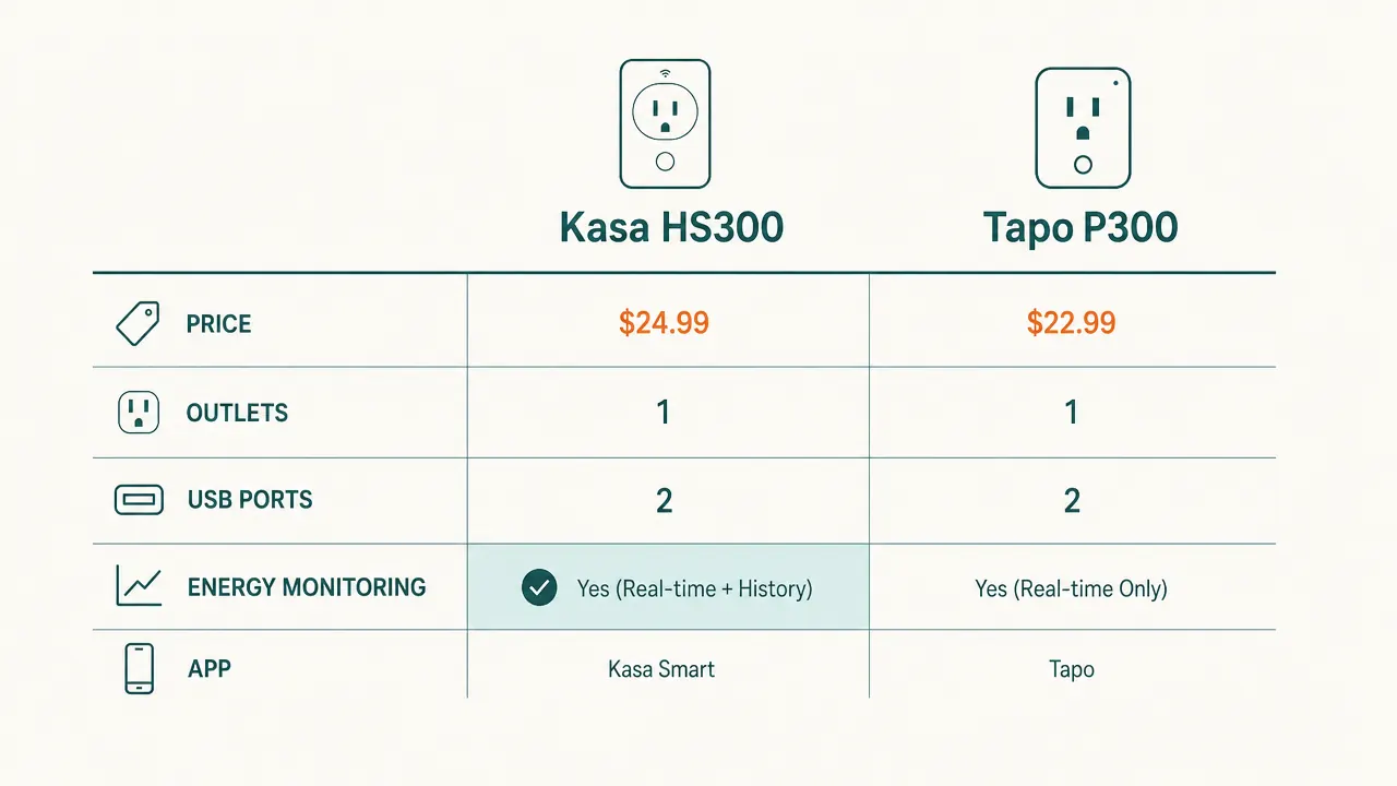 Comparison chart showing Kasa HS300 versus Tapo P300 specs side by side