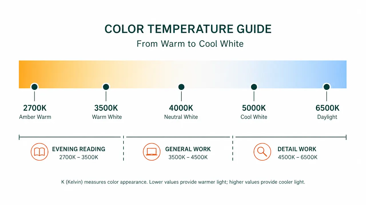 Side-by-side comparison chart showing color temperature range from 2700K warm white to 6500K cool daylight with labeled zones for reading, crafting, and focused work