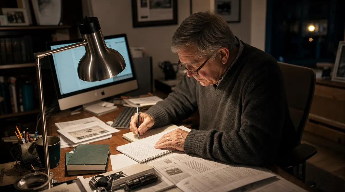 Home office corner at night with desk lamp on warm setting, monitor screen visible without glare, showing ambient versus task lighting balance