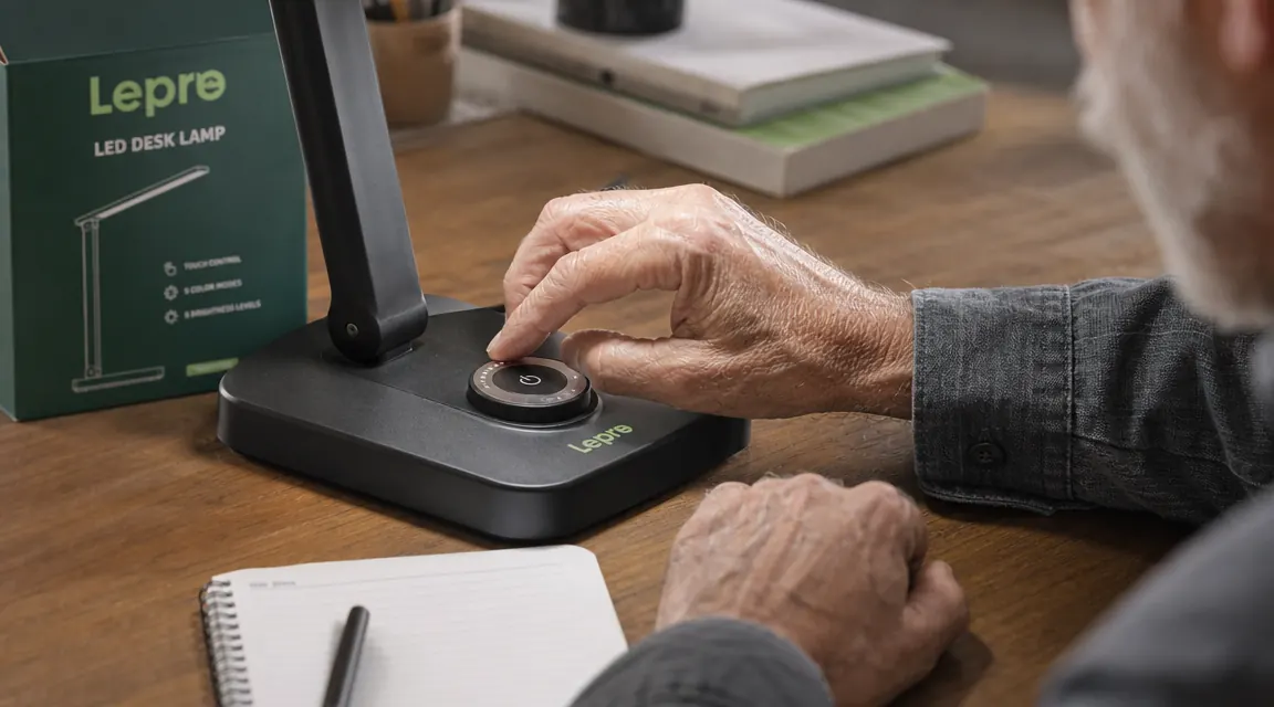 Close-up of a hand adjusting the brightness dial on a metal LED desk lamp