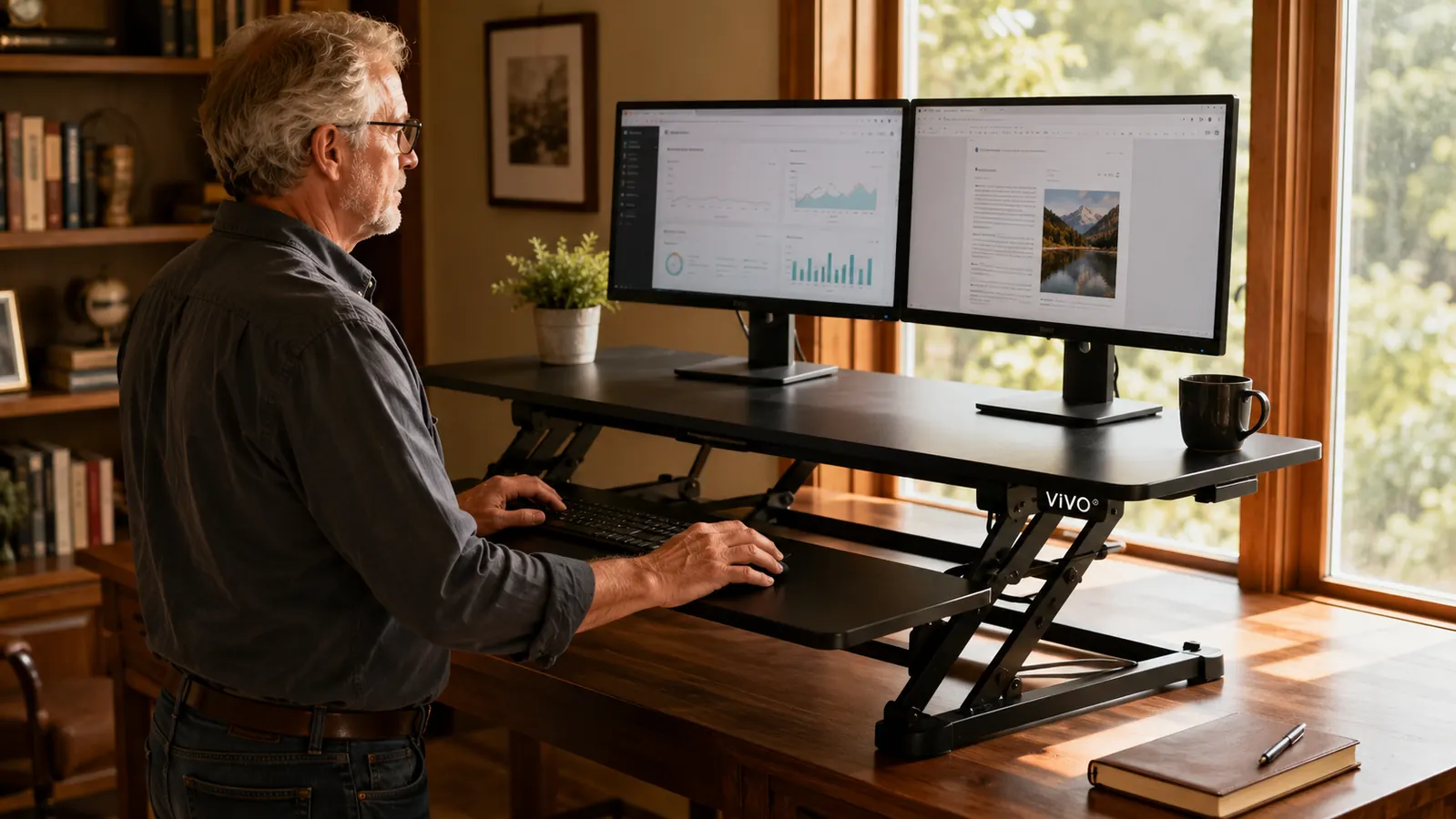 Hands adjusting the spring-lift handle on a VIVO V-series desk converter, converter mid-rise