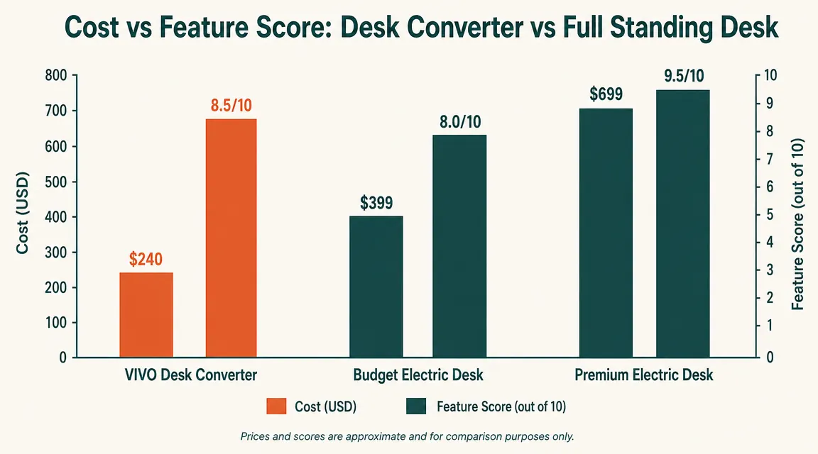 Comparison chart showing price, installation time, and footprint for a desk converter versus a full standing desk
