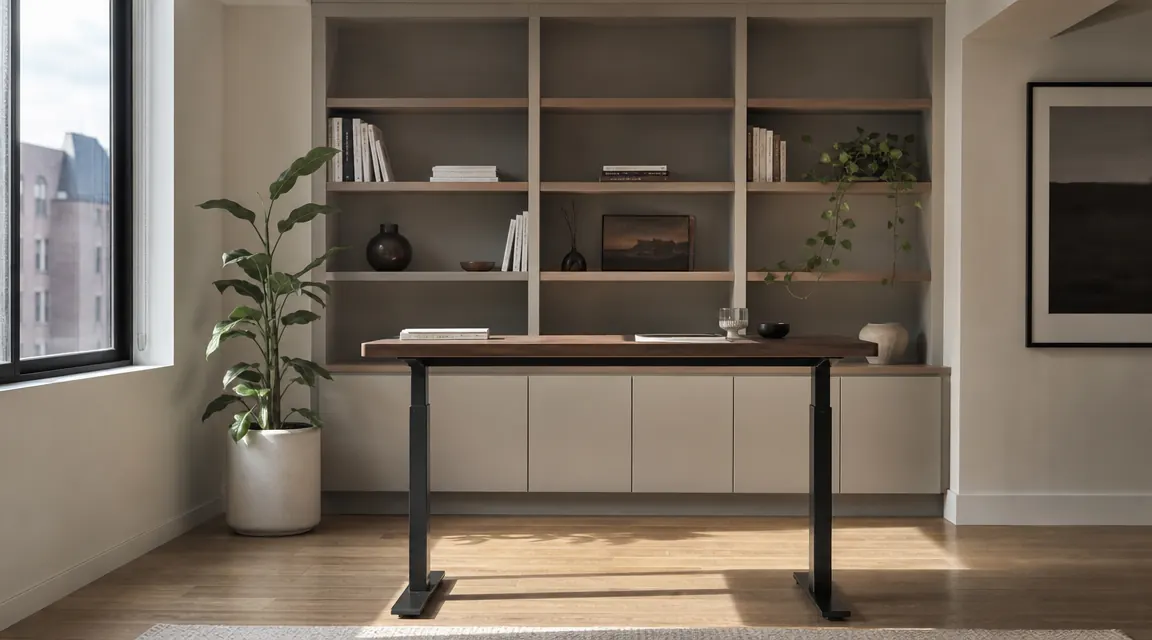 Person working at a full electric standing desk in a sparse open-plan home office with a cable management tray underneath