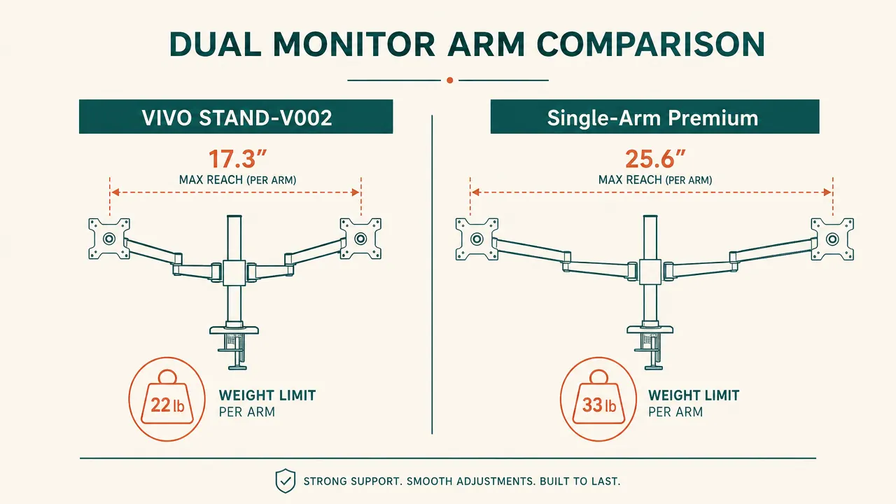 Side-by-side comparison chart showing arm reach and monitor weight limits for VIVO STAND-V002 versus a single-arm premium mount, with labeled dimensions