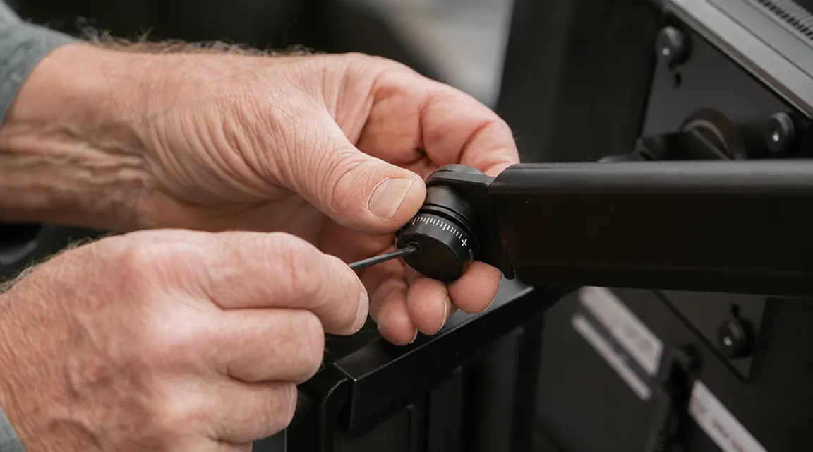 Weathered hands of an older man using a small hex key to adjust the friction collar on a dual monitor arm joint, close-up detail shot