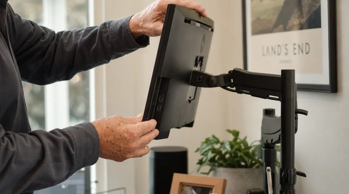 A person adjusting the tilt angle of a monitor mounted on a dual arm, with cables routed neatly through the arm's built-in cable management channel