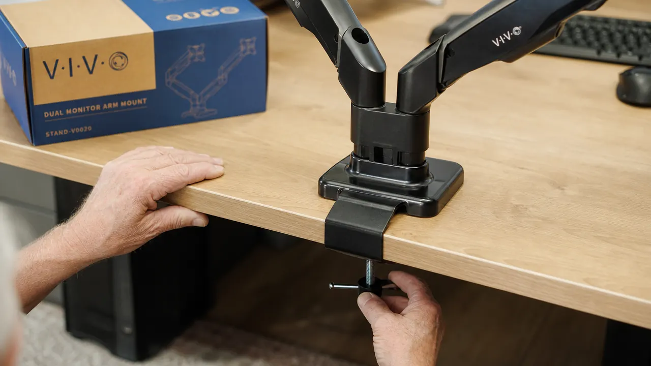 Close-up of a hand tightening the C-clamp on the back of a VIVO dual monitor arm attached to a desk edge