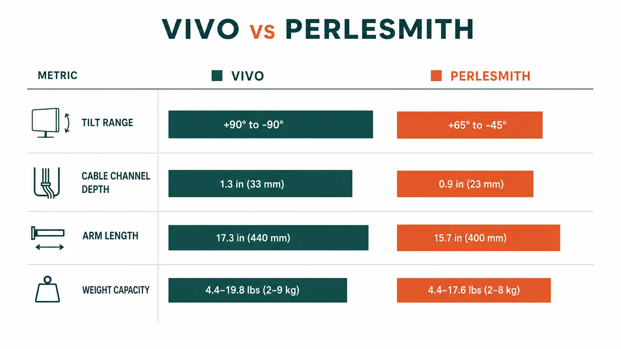 Side-by-side comparison chart showing arm tilt range and cable management channel depth for VIVO versus Perlesmith dual monitor mounts